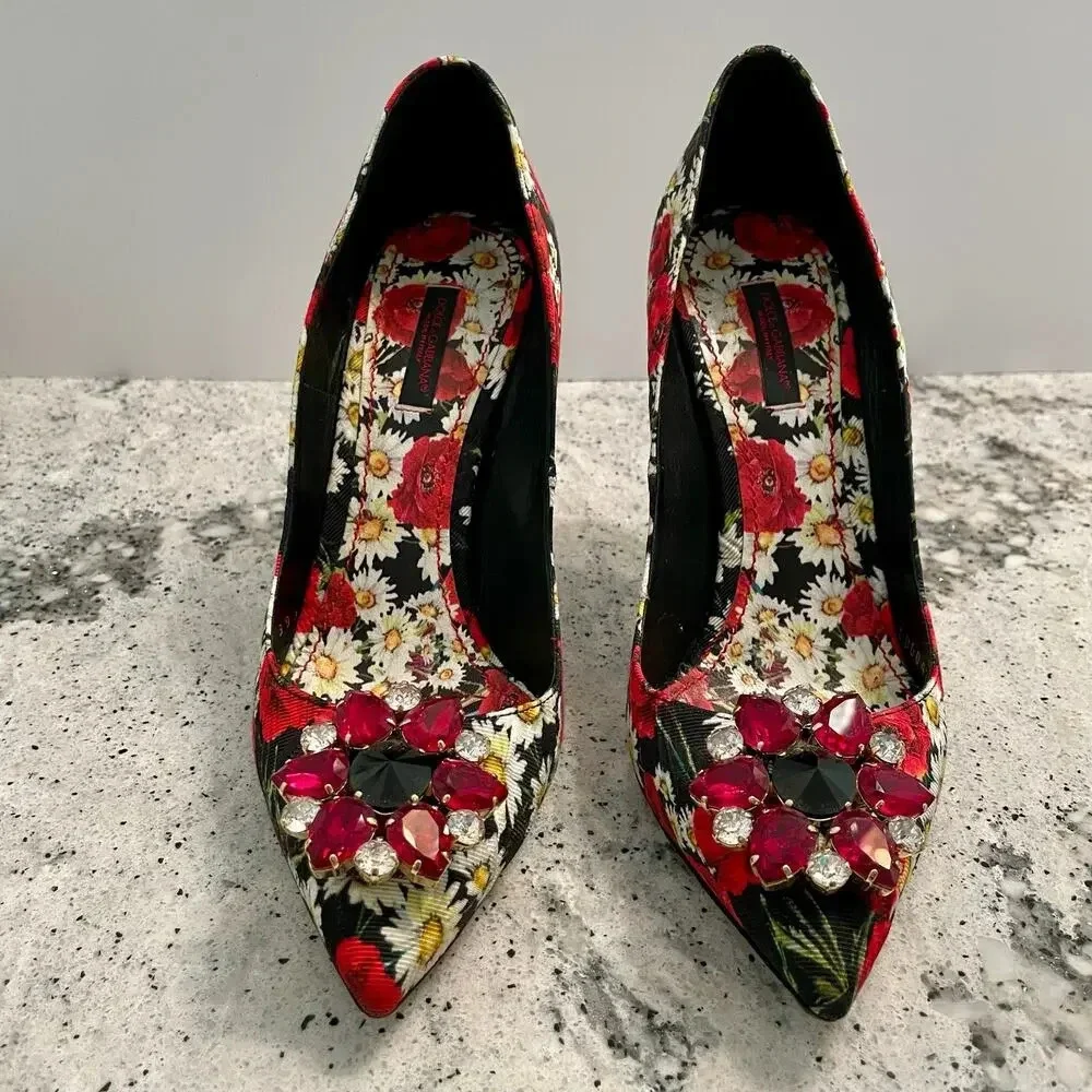 Dolce & Gabbana Pumps Floral Print Crystal Flower High Stiletto Heel Size 39.5